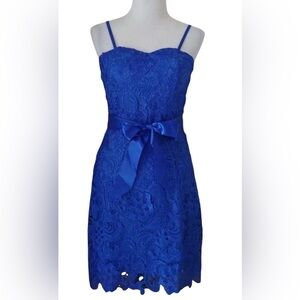 Fashionomics ModCloth NEW Electric Blue Lace Mini Dress with Ribbon Sash Medium